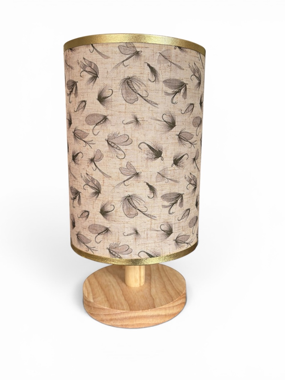 Fly Fishing Flies Lures Print Cylinder Table Lamp in Beige with Gold Trim